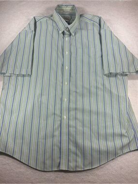L.L. Bean Men’s Button Down Short Sleeve Shirt Green Blue Stripe Size XL